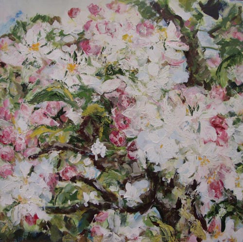 Bloesem, groot, 120 bij 120, acryl op doek