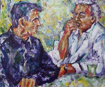 Twee collega's, zelfde werkgebied, een heel andere benadering: twee uitersten in gesprek, acryl met paletmes op doek