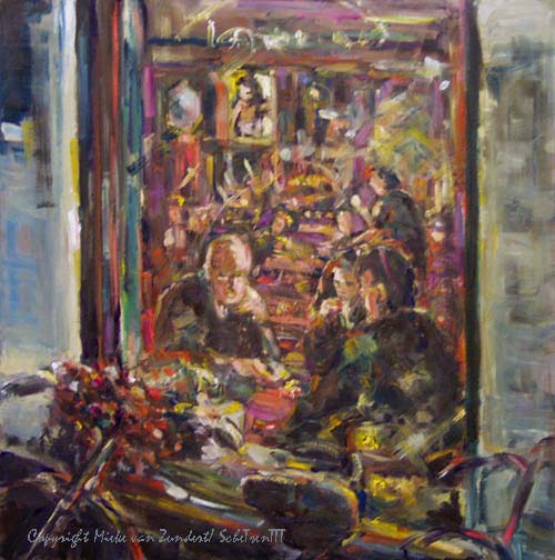 taverne, podiumcafe, bergen vanuit de straat geschilderd