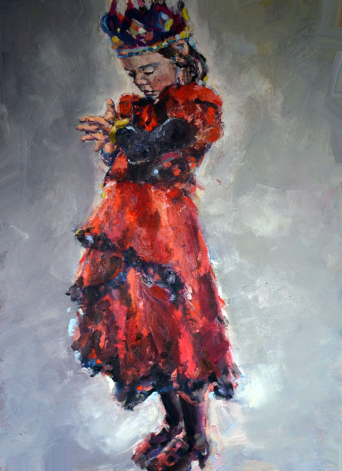 girl with spanish dress looks at her new watch